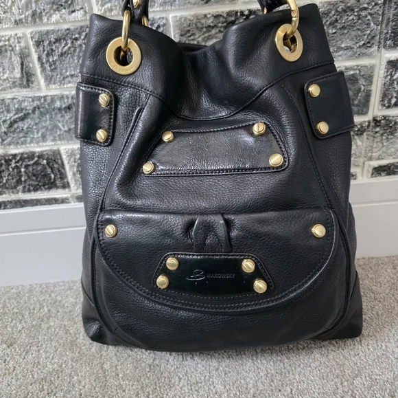 b. makowsky Women's  Black Leather Handbag with Gold Accents - Picture 4 of 13